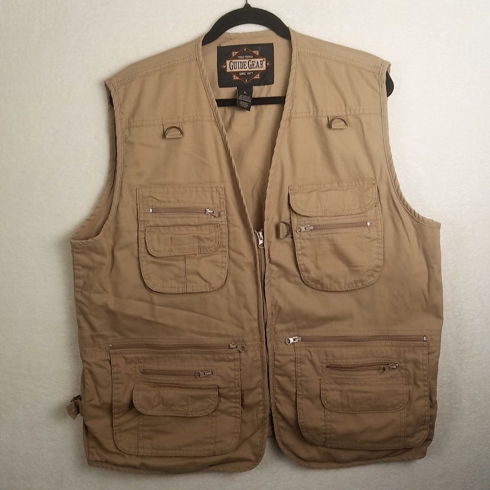 Guide Gear Mens XL Field Tested Khaki‎ Utility Vest Multiple Pockets Fishing